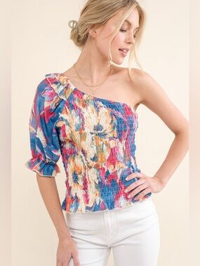 And The Why Allover Floral Print Smocked One Shoulder Blouse
